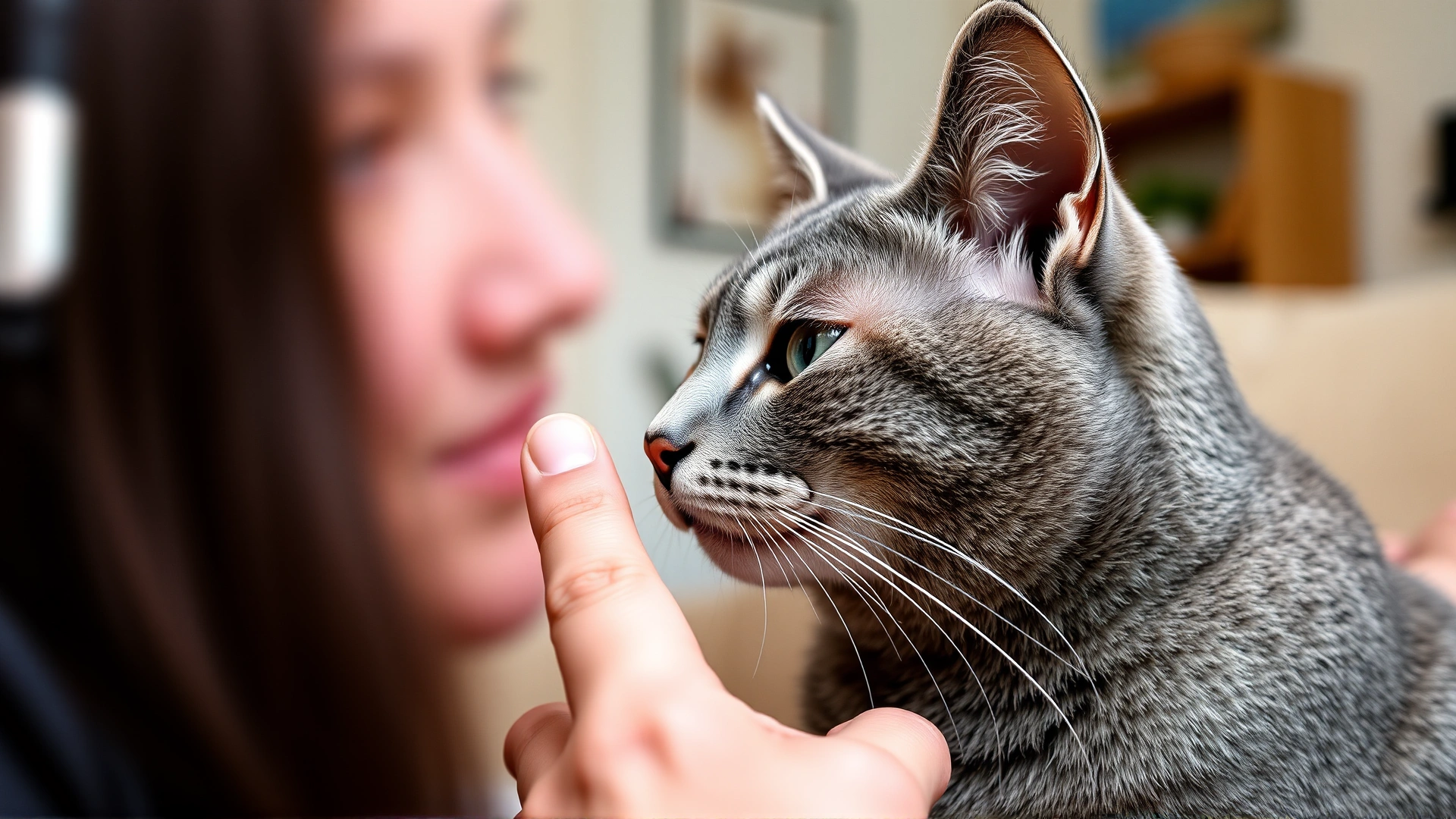 Korat cat face-to-face with its owner, gentle touch on the nose, warm living room lighting