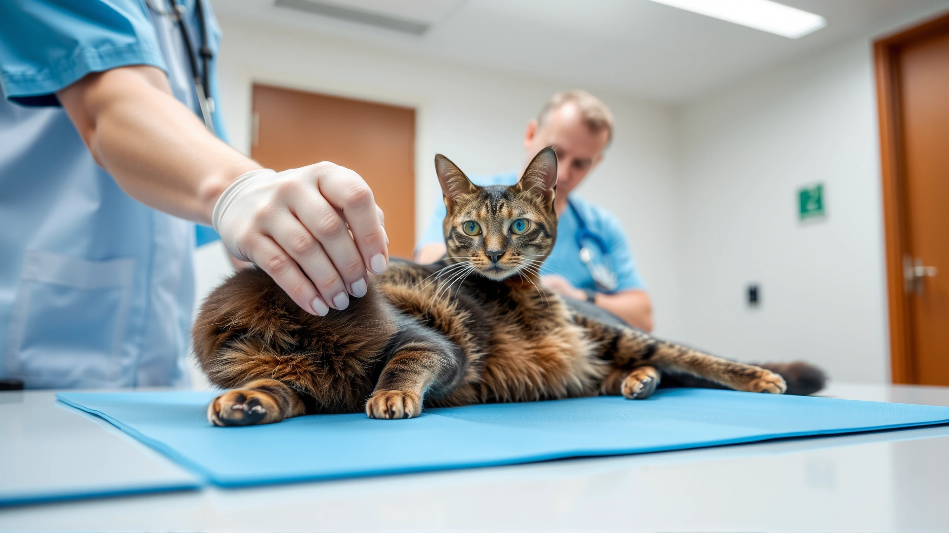 A veterinarian conducting a routine health checkup on a relaxed Korat cat in a bright, clean clinic