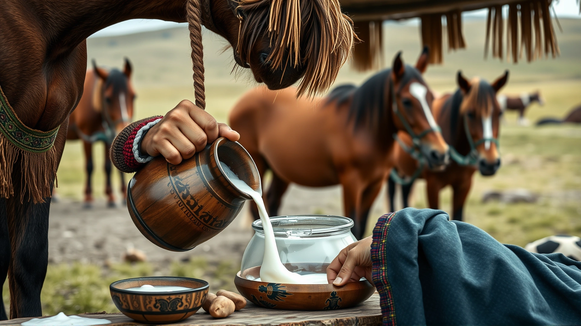 A Kazakh nomad pouring fermented mare’s milk (kumis) from a wooden vessel with tethered Kazakh horses grazing in the background
