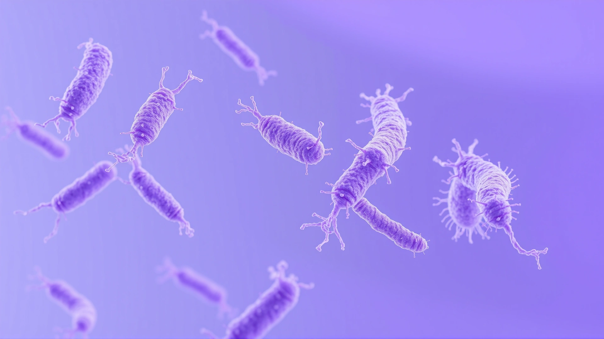 3D render of cell-wall-deficient L-form bacteria floating in fluid, high detail, purple-blue color palette, no text