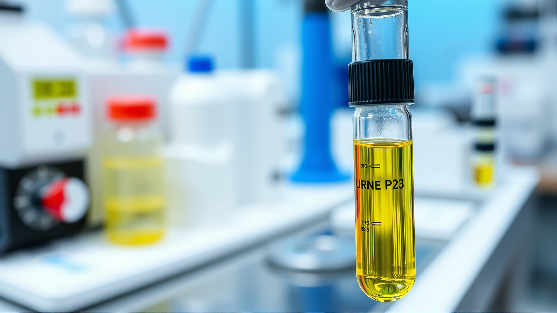 Urine sample in a clear tube being analyzed in a veterinary laboratory with blurred equipment in background