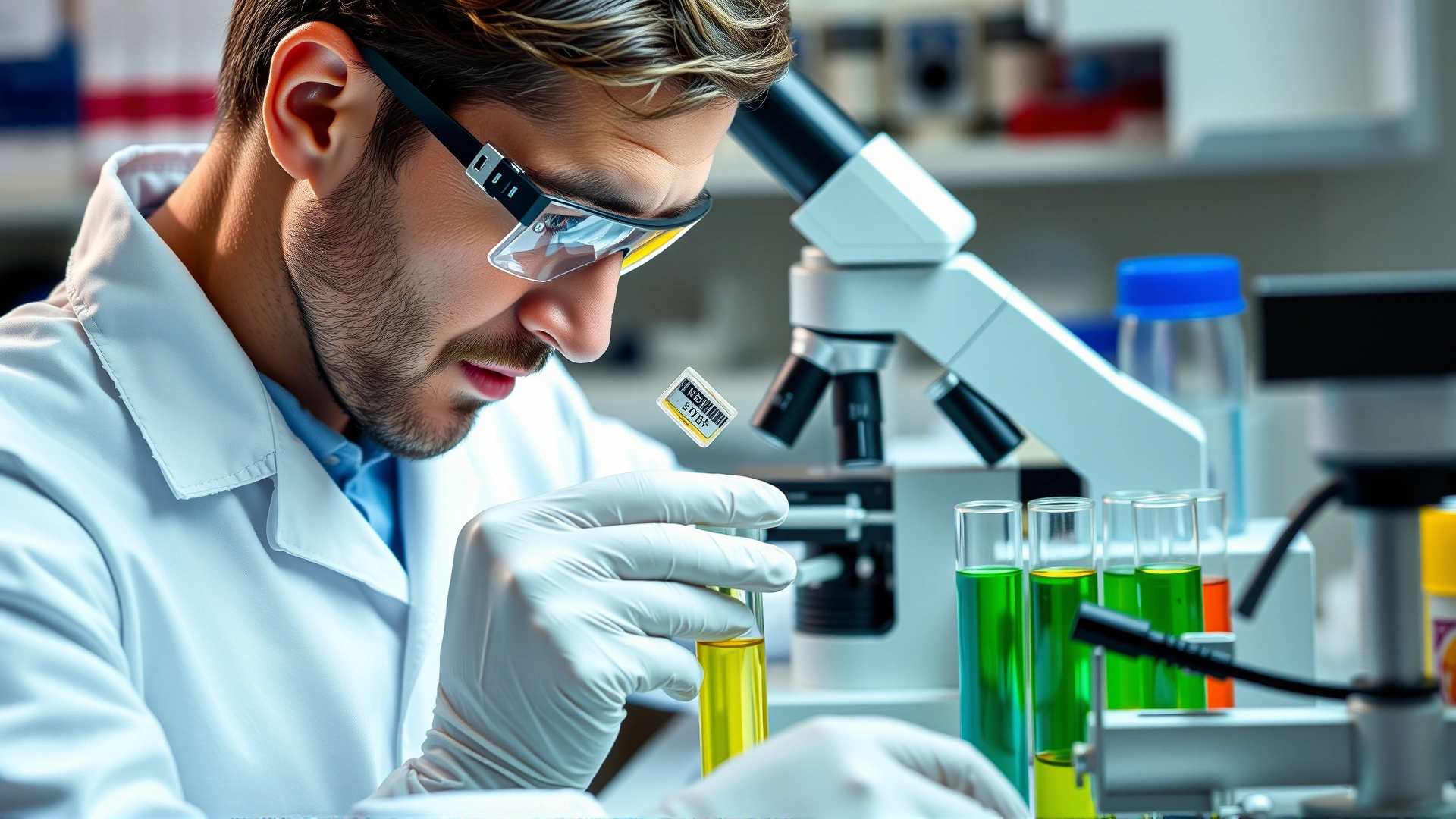 Laboratory technician examining a urine sample under a microscope with colorful test tubes and a refractometer visible on the bench, high-resolution close-up
