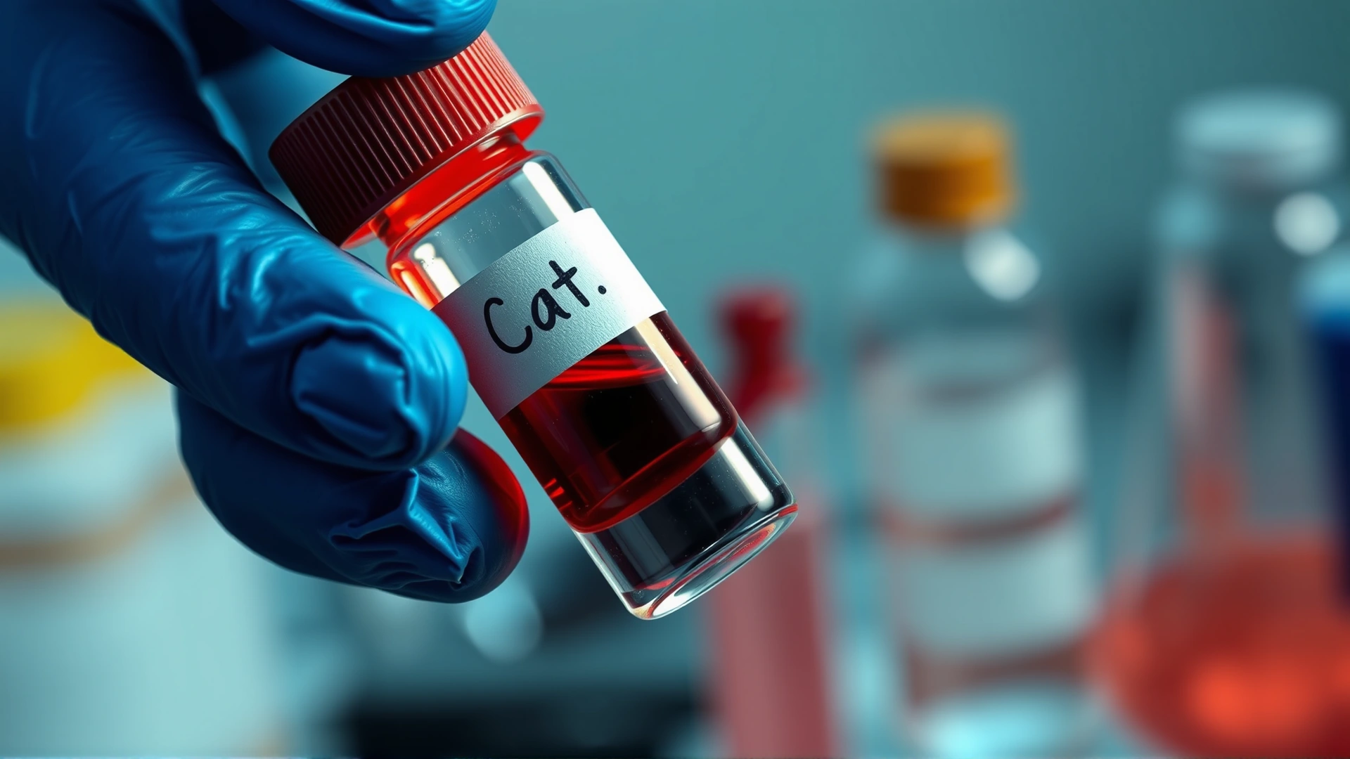 Close-up of gloved hands holding a blood vial labeled 'Cat', lab instruments in blurred background.