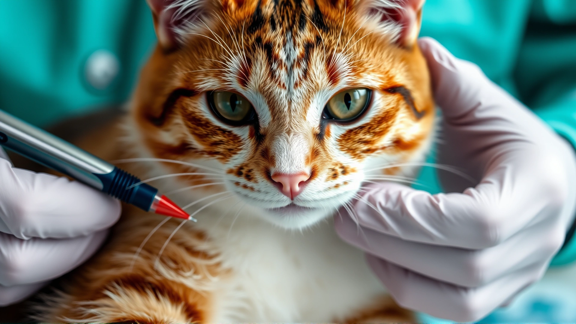 Close-up of a veterinarian’s gloved hands drawing blood from a calm cat’s front leg in a clinical setting