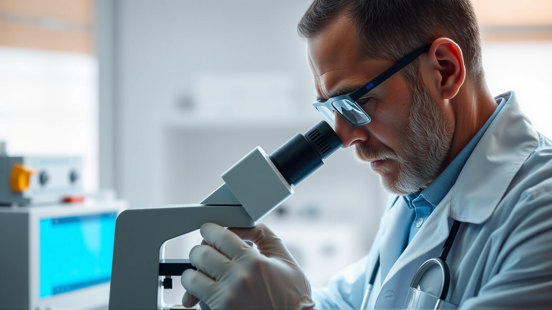 Veterinarian in lab coat examining a reptile tissue sample under a microscope, laboratory equipment blurred in the background, bright neutral lighting.
