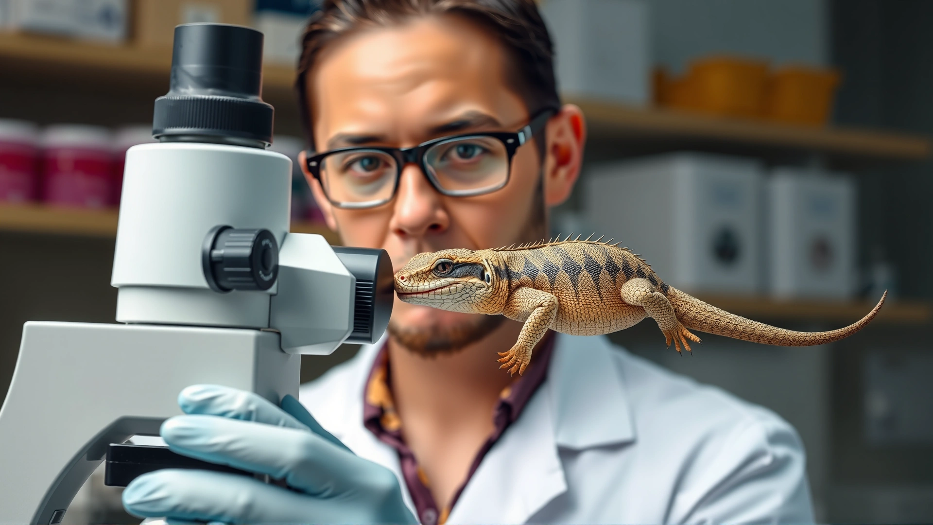 Veterinarian in a lab coat examining reptile blood smear under a microscope, laboratory setting, no text.