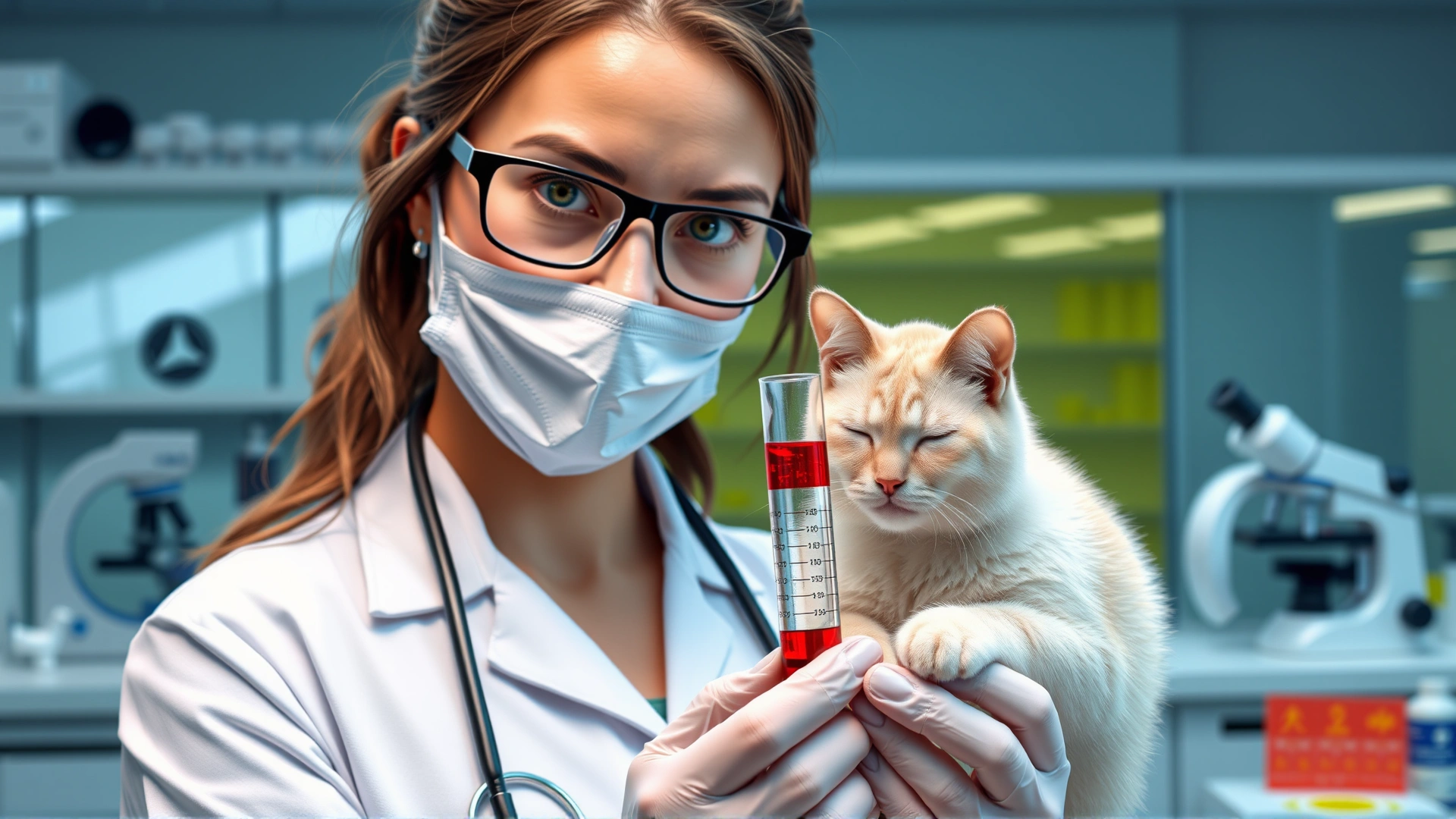 Veterinarian in a modern laboratory holding a test tube filled with a cat blood sample, with microscopes and analysis equipment in the background.