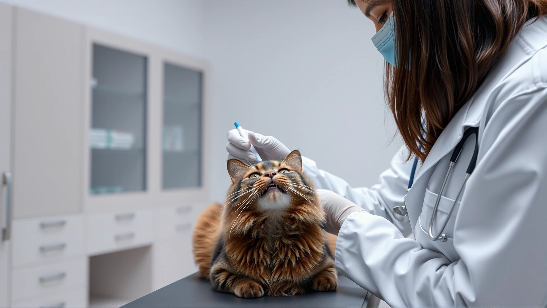 Veterinarian in a white coat gently collecting an oral swab sample from a calm cat on an examination table inside a modern clinic.