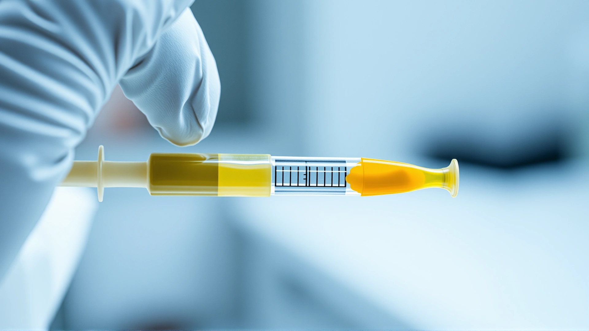 Macro shot of a gloved veterinarian hand drawing yellowish fluid into a syringe from a test tube, laboratory setting, no text