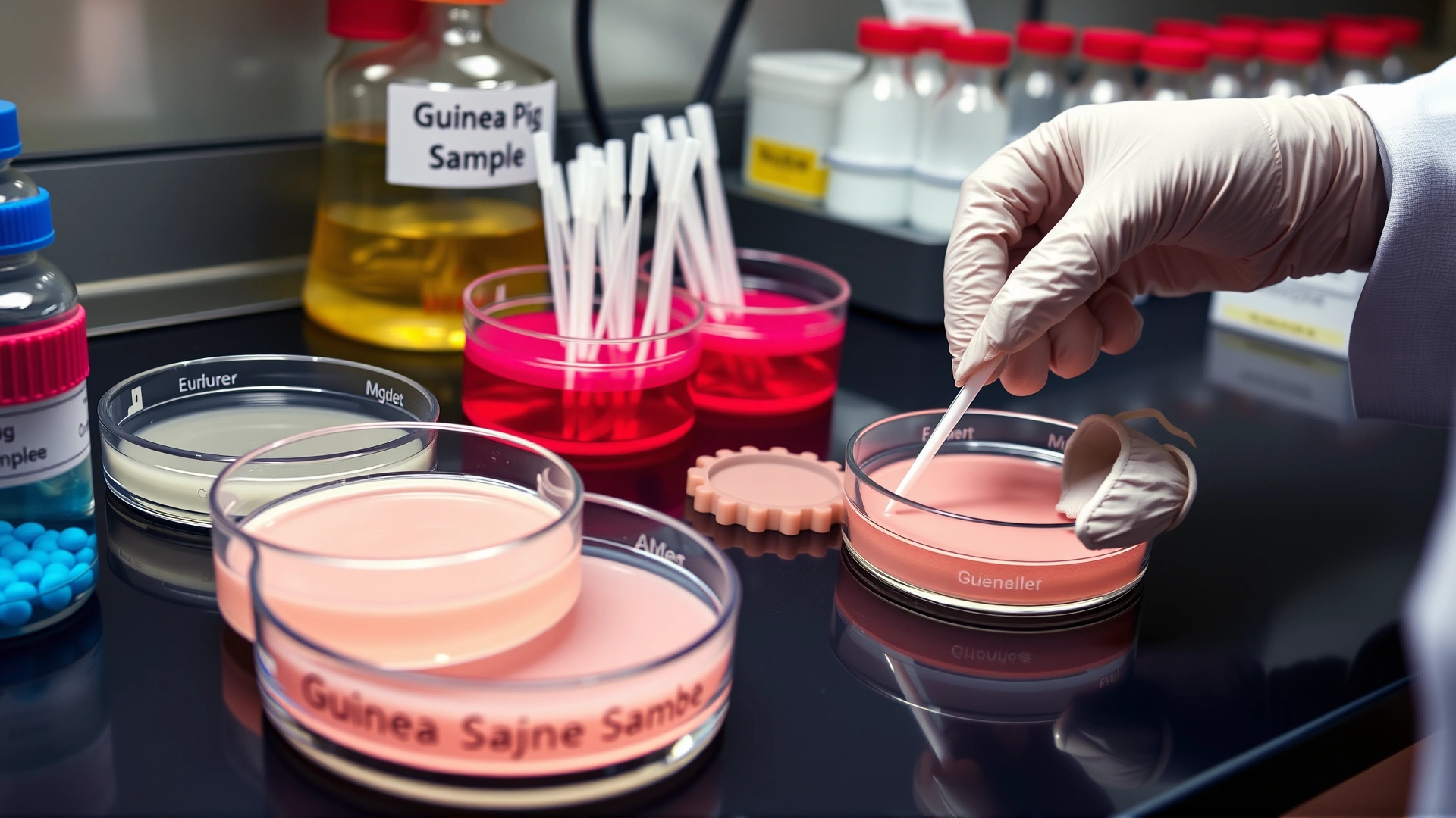 Lab scene: petri dishes and culture swabs labeled ‘Guinea Pig Sample’, hands in gloves working.