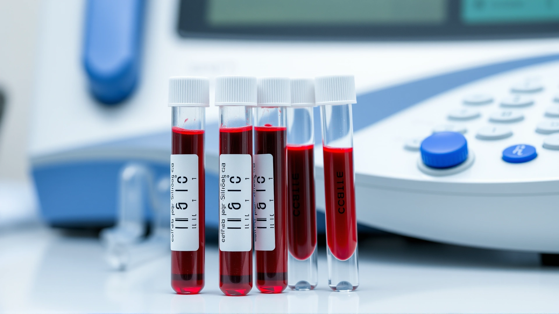 Close-up of laboratory test tubes filled with equine blood samples next to a CBC analyzer.