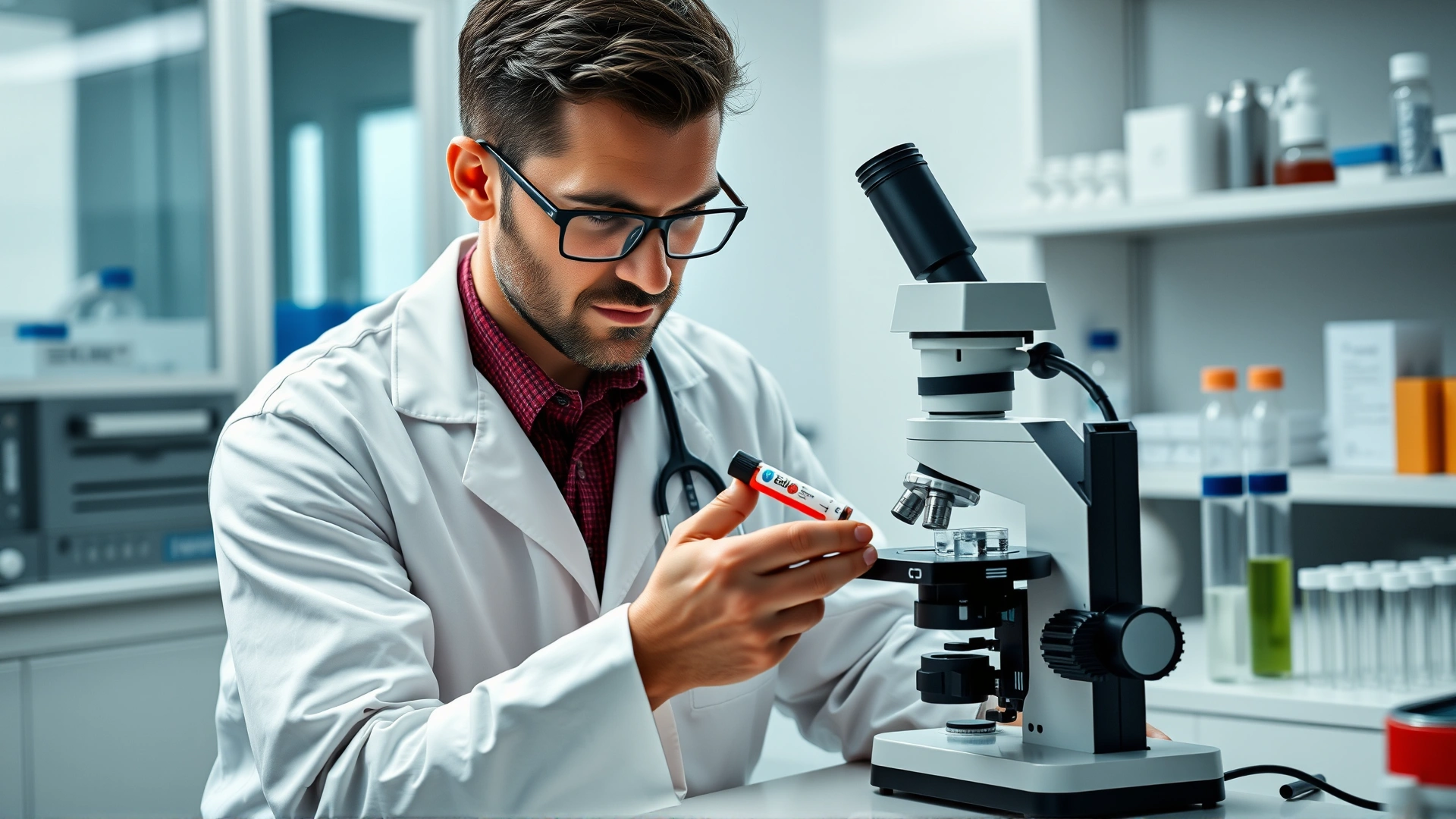 Veterinarian in a modern lab examining a horse blood sample under a microscope, test tubes and lab equipment visible on the bench.