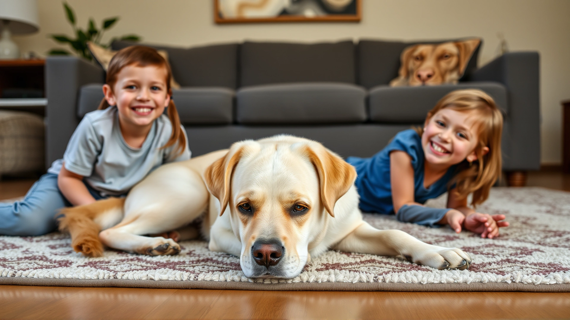 A yellow Labrador Retriever relaxing on a living room rug beside two smiling children, conveying family friendliness.