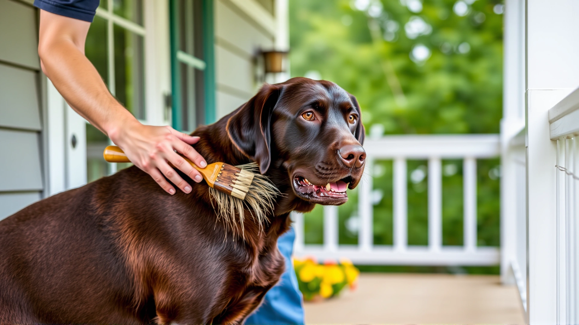 Owner gently brushing a chocolate Labrador's short coat on a porch, loose fur visible on the brush.