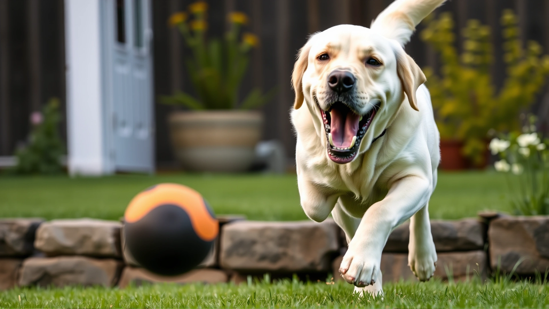 A Labrador Retriever enthusiastically playing fetch with a ball in a backyard, captured mid-jump.