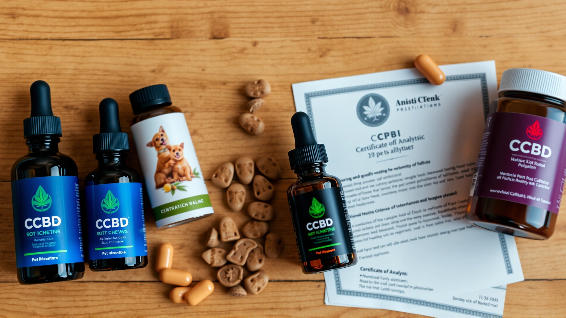 Flat lay of various pet CBD products—oil tincture, soft chews, capsule bottle—next to an official-looking Certificate of Analysis on a wooden table