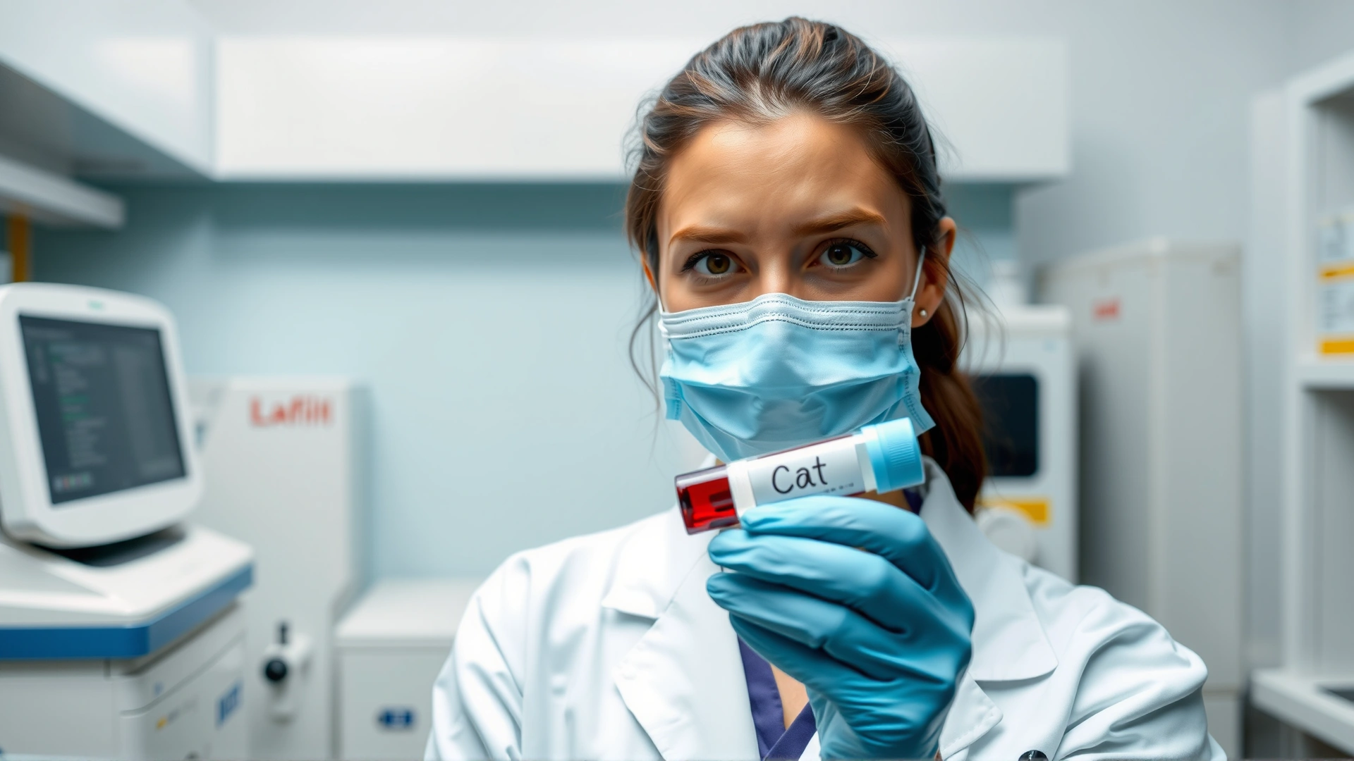 Laboratory technician holding a blood sample tube labeled ‘Cat’, auto-analyzer machines in background, sterile environment.
