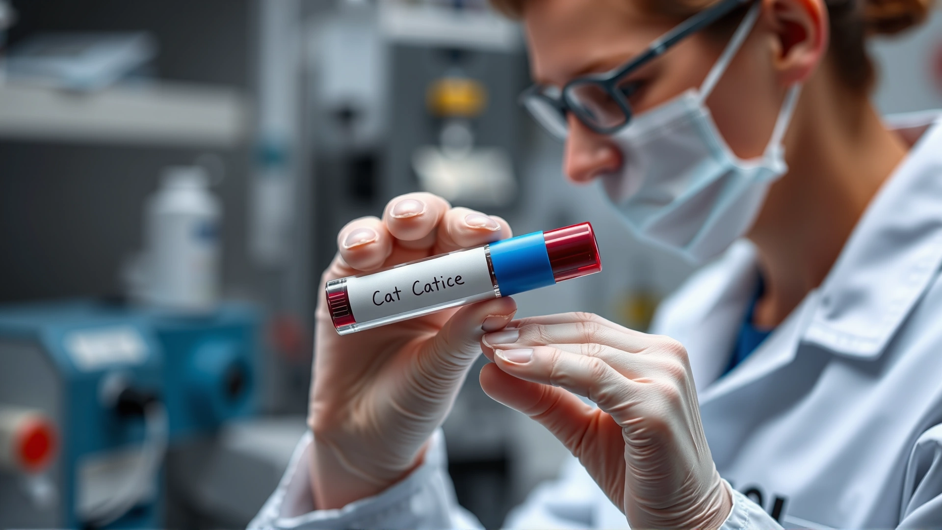 Veterinary laboratory technician holding a blood sample tube labeled