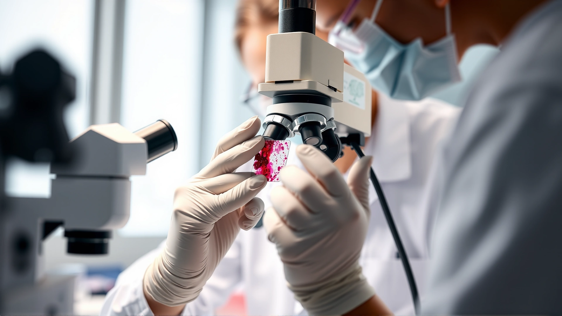 Veterinary technician preparing a blood smear slide under a microscope, focus on hands and lab tools, bright environment