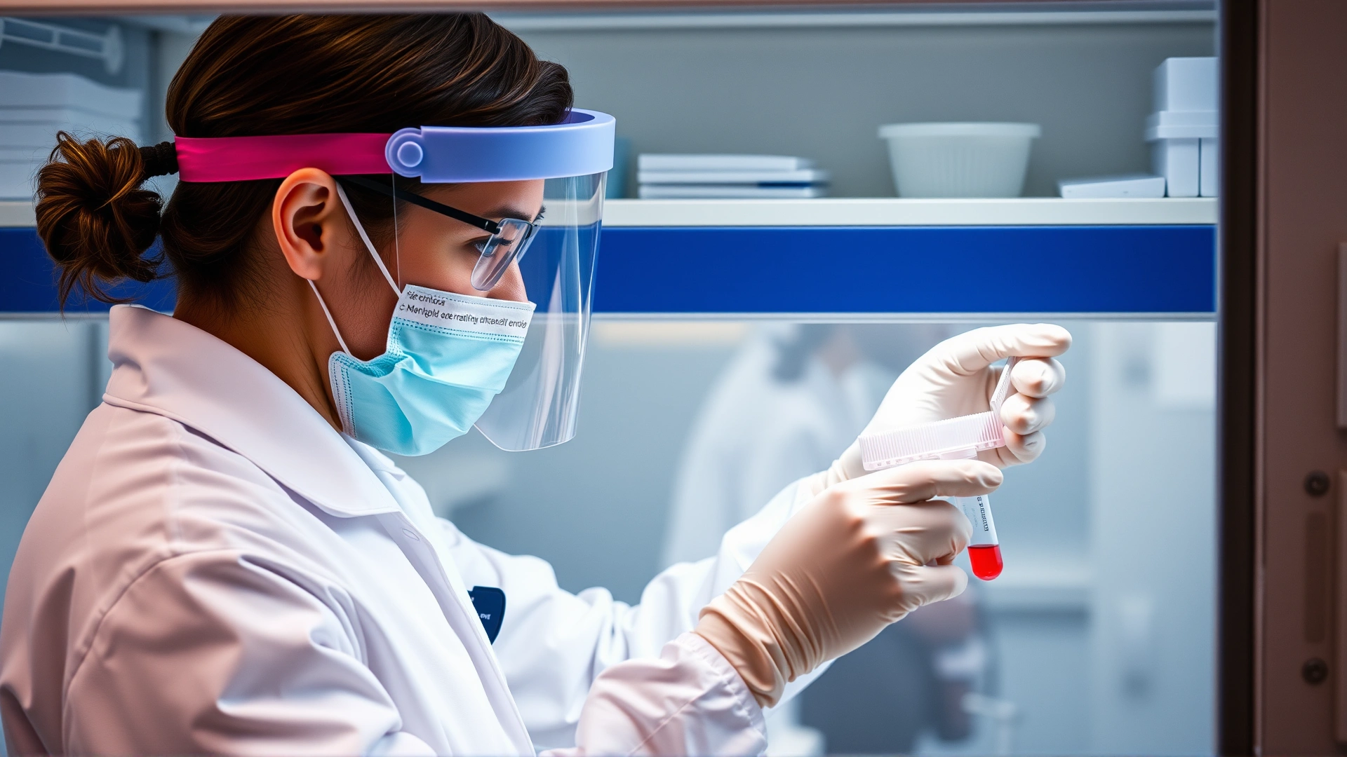 Lab technician in a bio-safety cabinet performing a PCR test with equine blood samples, wearing gloves and face shield. No text.