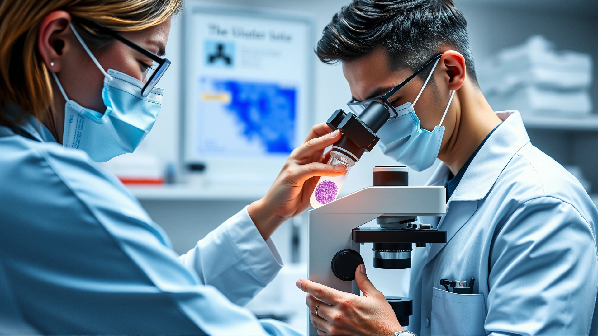 Veterinarian examining a slide under a microscope in a modern veterinary laboratory, focus on the microscope and sample