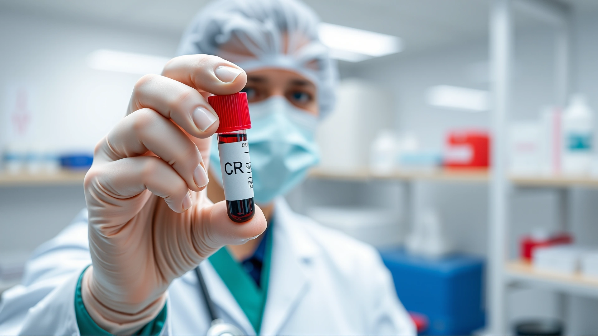 Veterinarian holding a blood sample tube labeled 'PCR' in a modern laboratory, focus on the tube