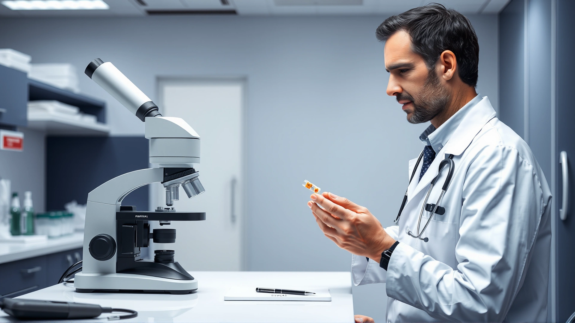 Veterinarian in a white lab coat examining a pet fecal sample under a microscope in a modern clinic laboratory.