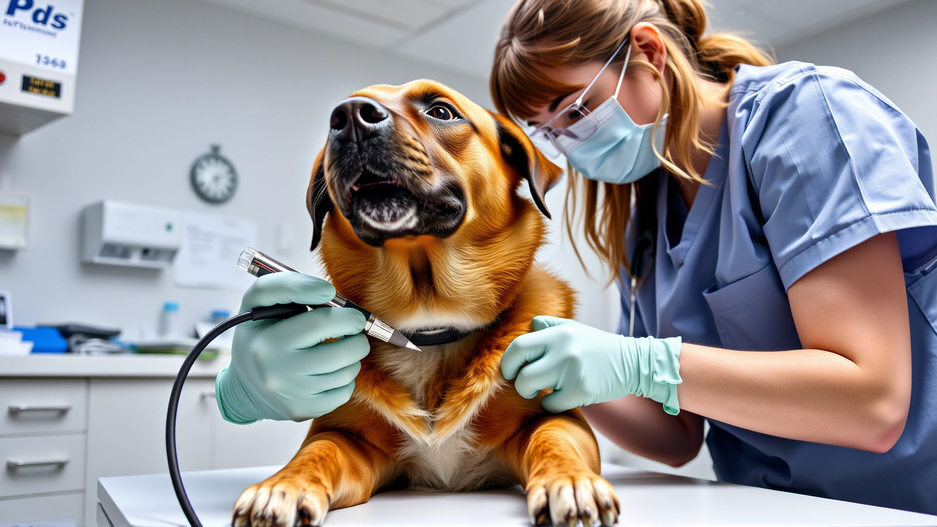 Veterinary technician drawing blood from a dog's foreleg in a modern lab environment, focus on professionalism and safety, no text