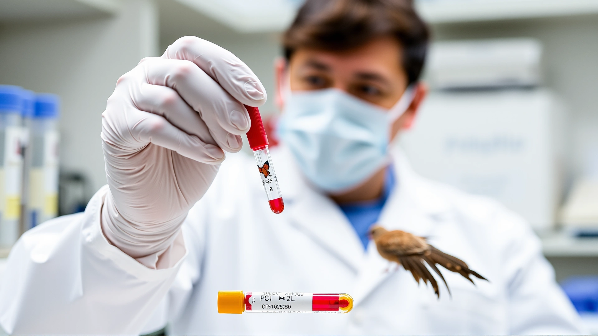 Veterinarian wearing gloves preparing feather and blood samples for PCR testing in a laboratory environment