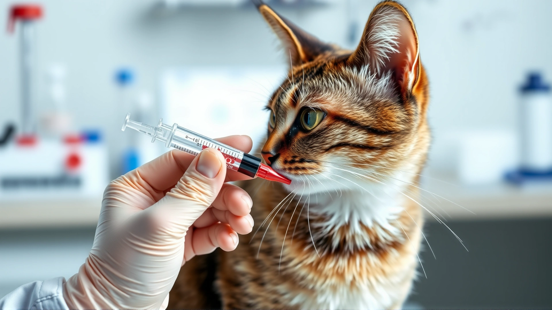 Veterinarian hand drawing a cat’s blood sample into a syringe with lab equipment blurred in background, clinical setting.