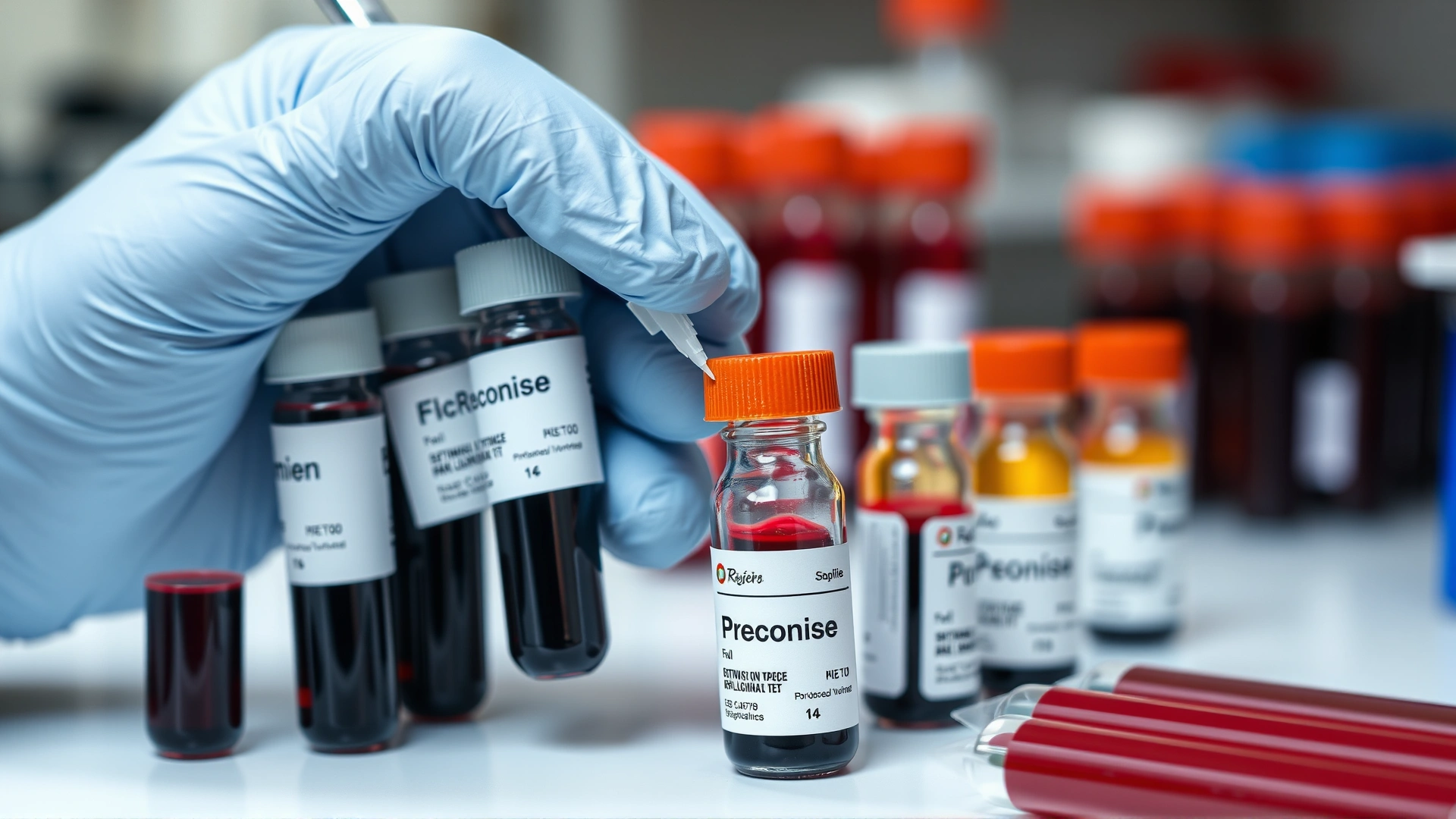 Close-up of a gloved hand labeling vials of equine blood samples in a veterinary lab, illustrating diagnostic testing.