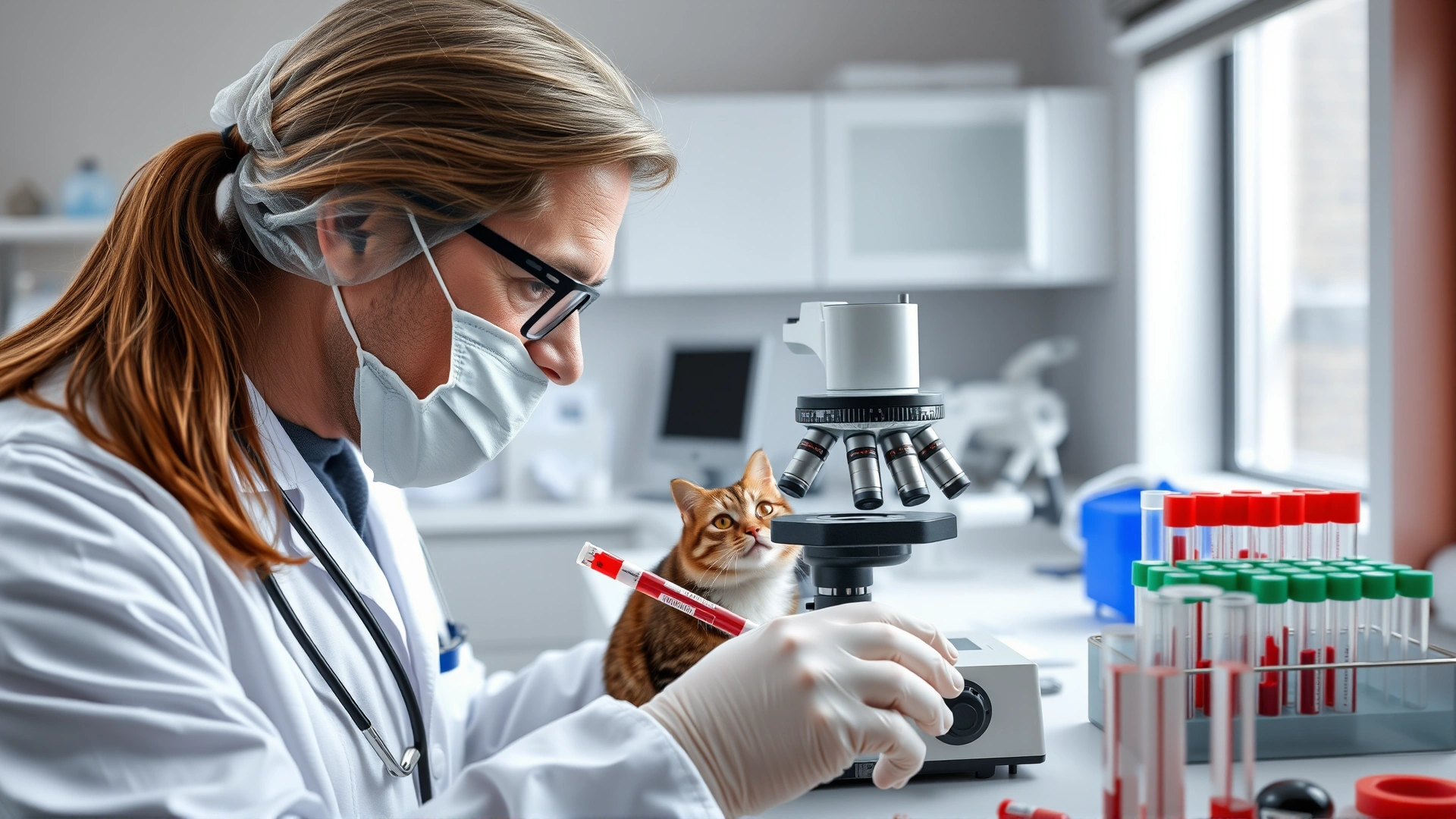 Veterinarian in a modern clinic examining feline blood samples under a microscope with test tubes and lab equipment in the background, bright clinical setting