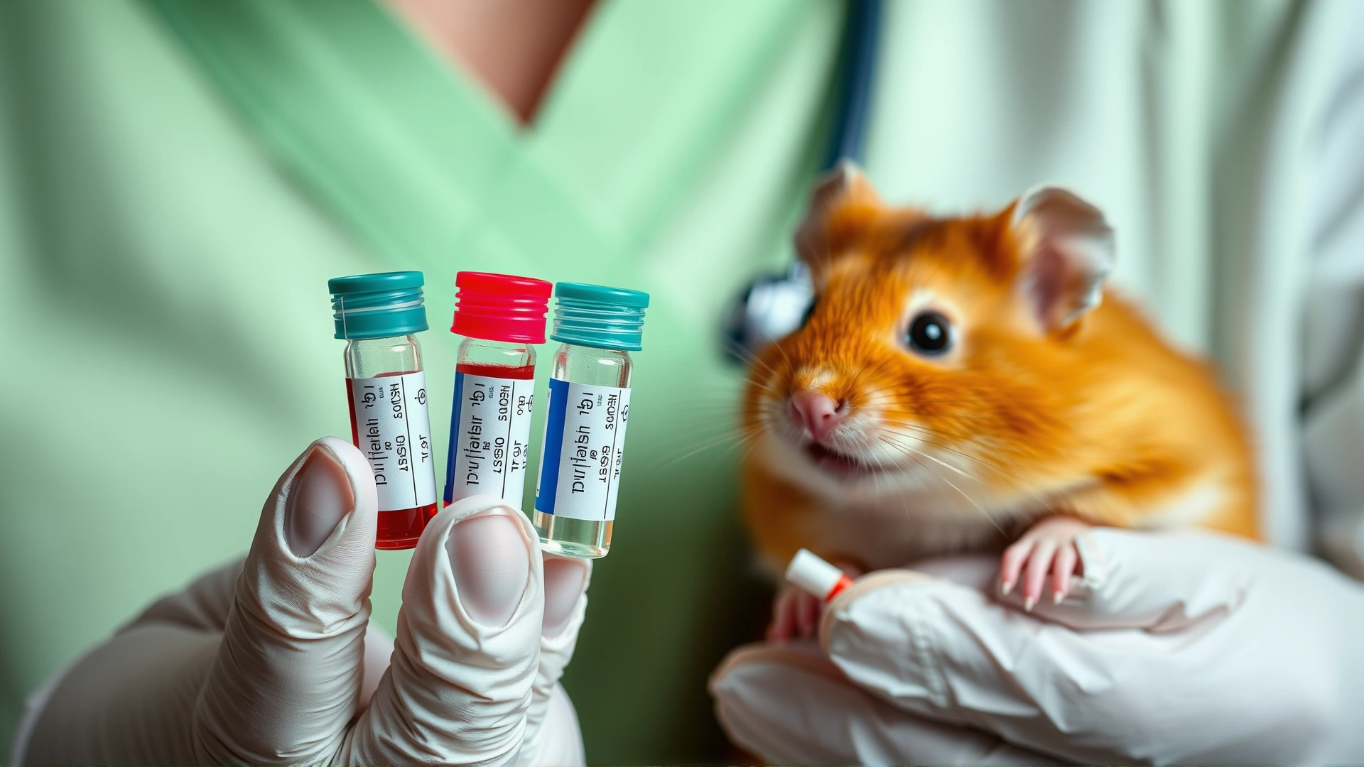 Close-up of a veterinarian holding small blood sample vials and urine test strips next to a hamster, representing diagnostic tests.