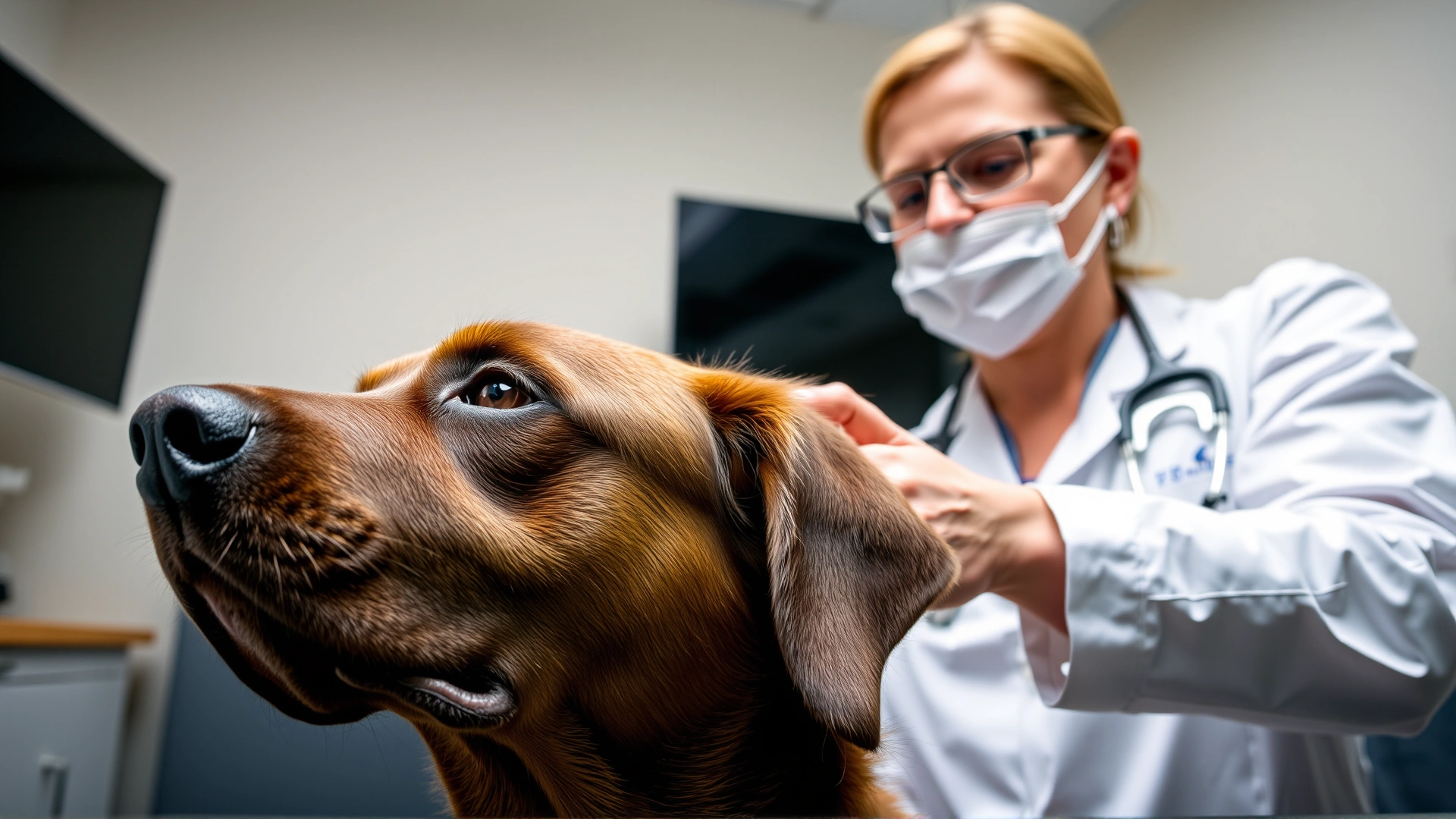 A veterinarian examining a Labrador Retriever's ear in a modern vet clinic setting.
