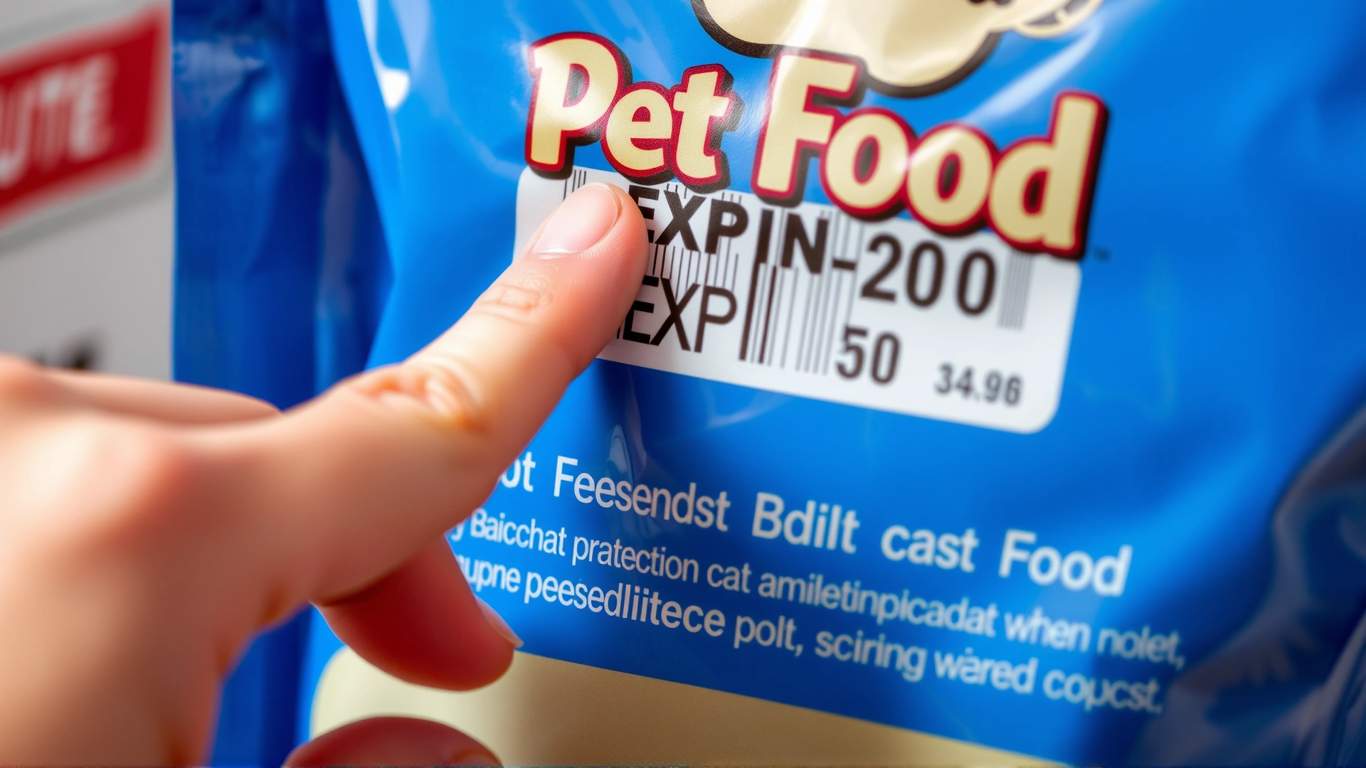 Close-up of a hand pointing to the expiration date on a pet food bag label.