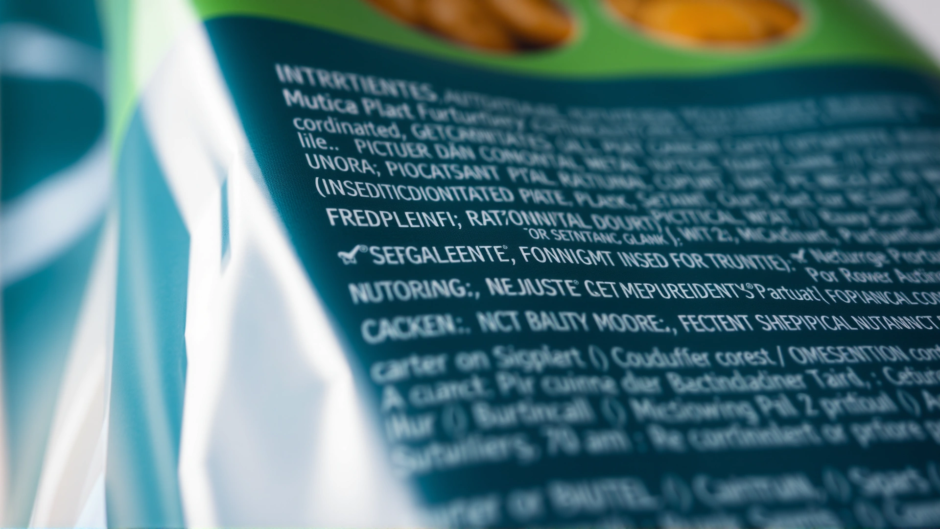 Macro shot of a pet food nutrition label with the ingredients list in sharp focus and the rest of the bag softly blurred
