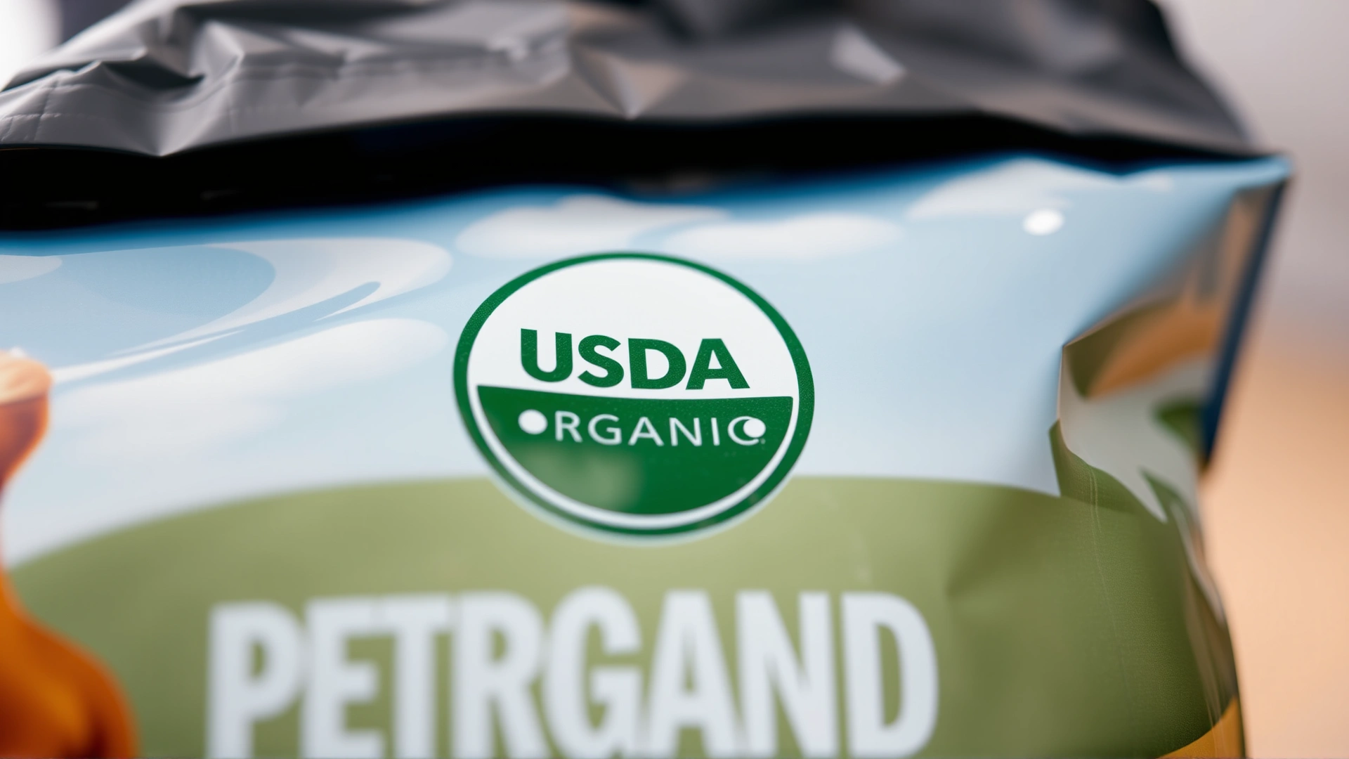 Close-up photo of a pet food bag showing a clear USDA Organic seal, focus on the label, blurred background