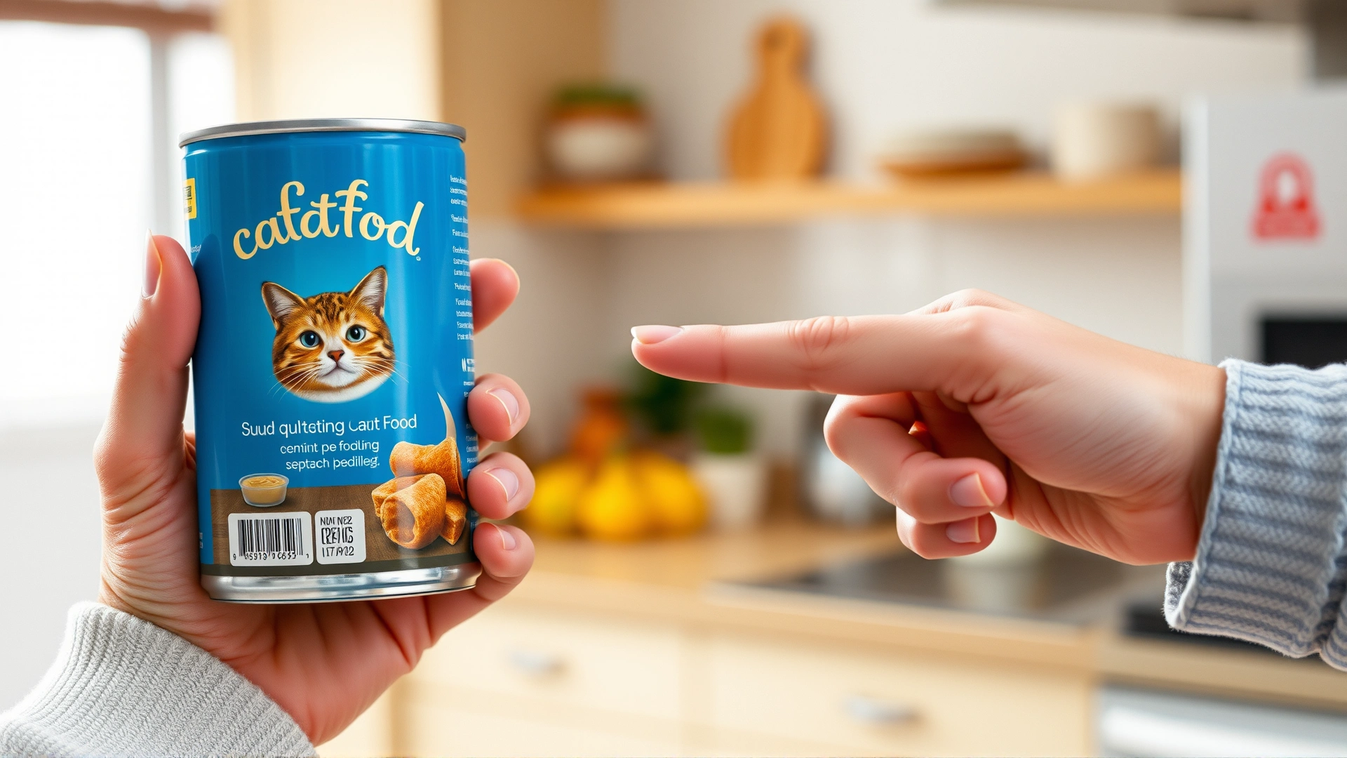 Hand holding a can of cat food while the other hand points to the ingredient list, blurred kitchen in background.