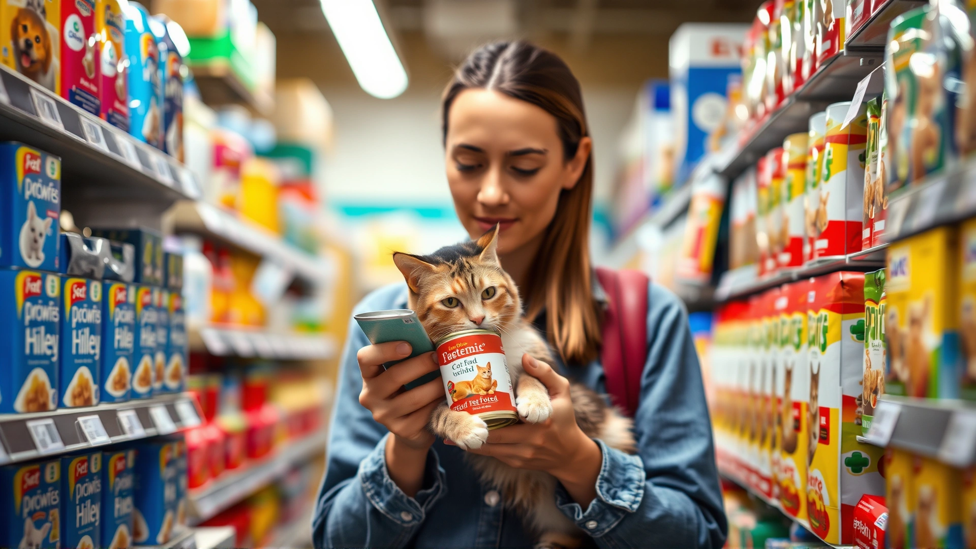 Cat owner in a pet store aisle holding a can of cat food and carefully reading the label, shelves of pet products softly blurred behind.