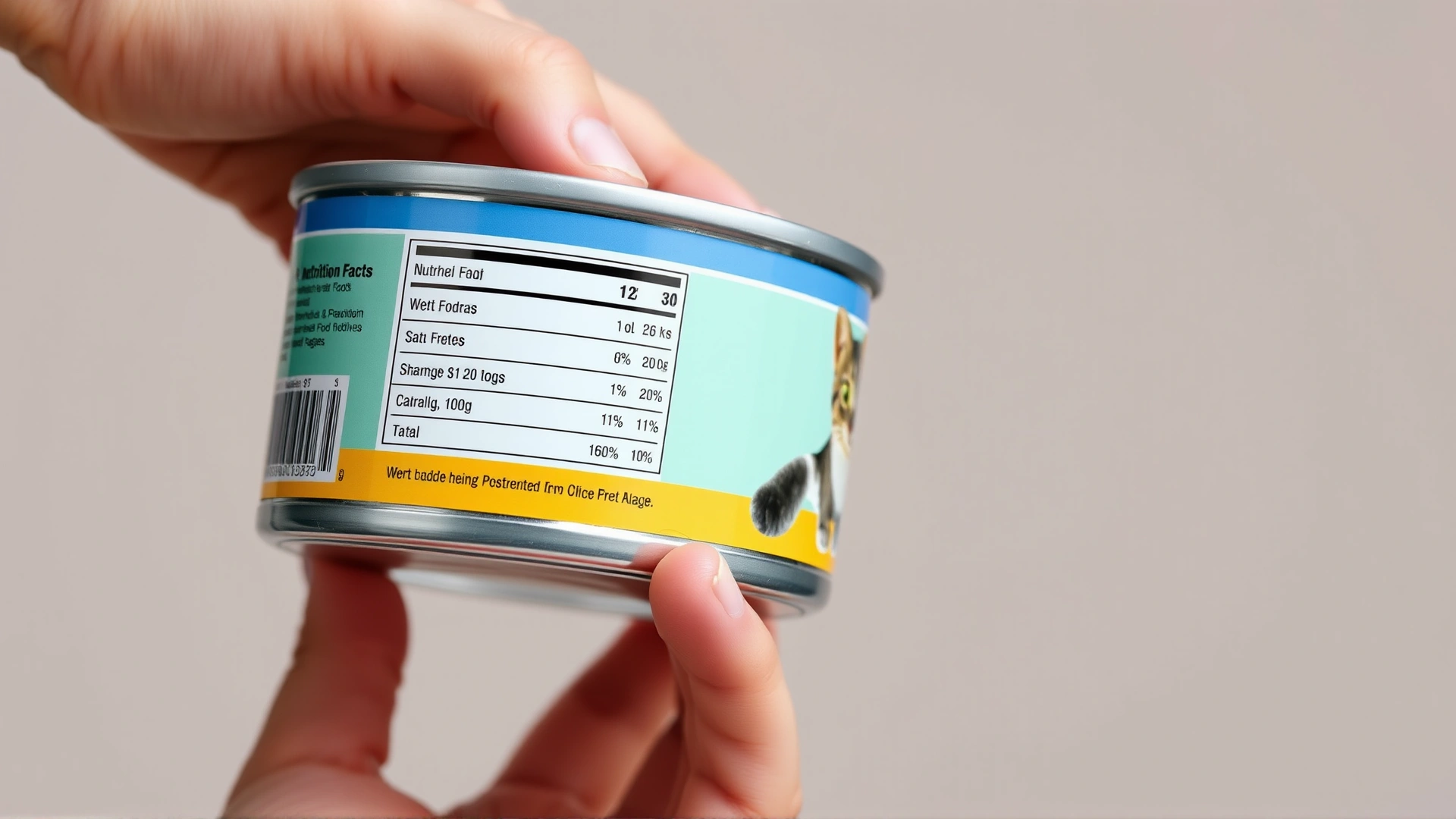 Hand holding a can of wet cat food showing the nutrition label, soft neutral background