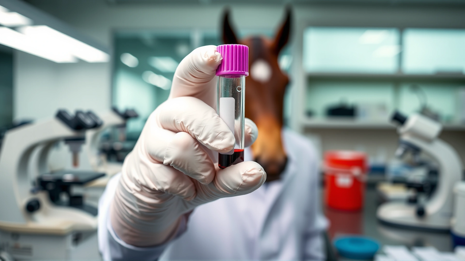 Close-up of a gloved veterinary technician holding a test tube with a horse blood sample in a modern lab setting, microscopes blurred in background.