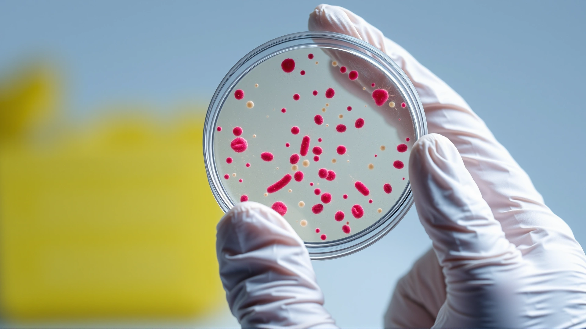 Macro shot of gloved hands holding a petri dish with bacterial culture to represent lab testing