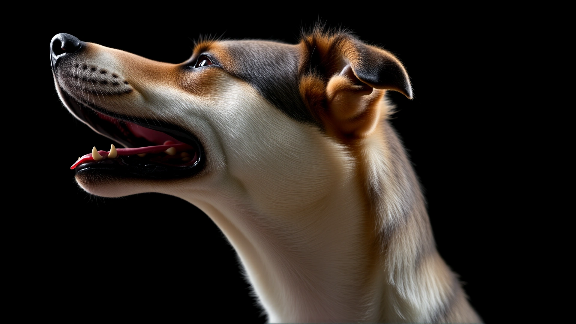 Close-up side profile of a dog with chest rapidly rising and nostrils flaring, dark background, soft studio lighting.