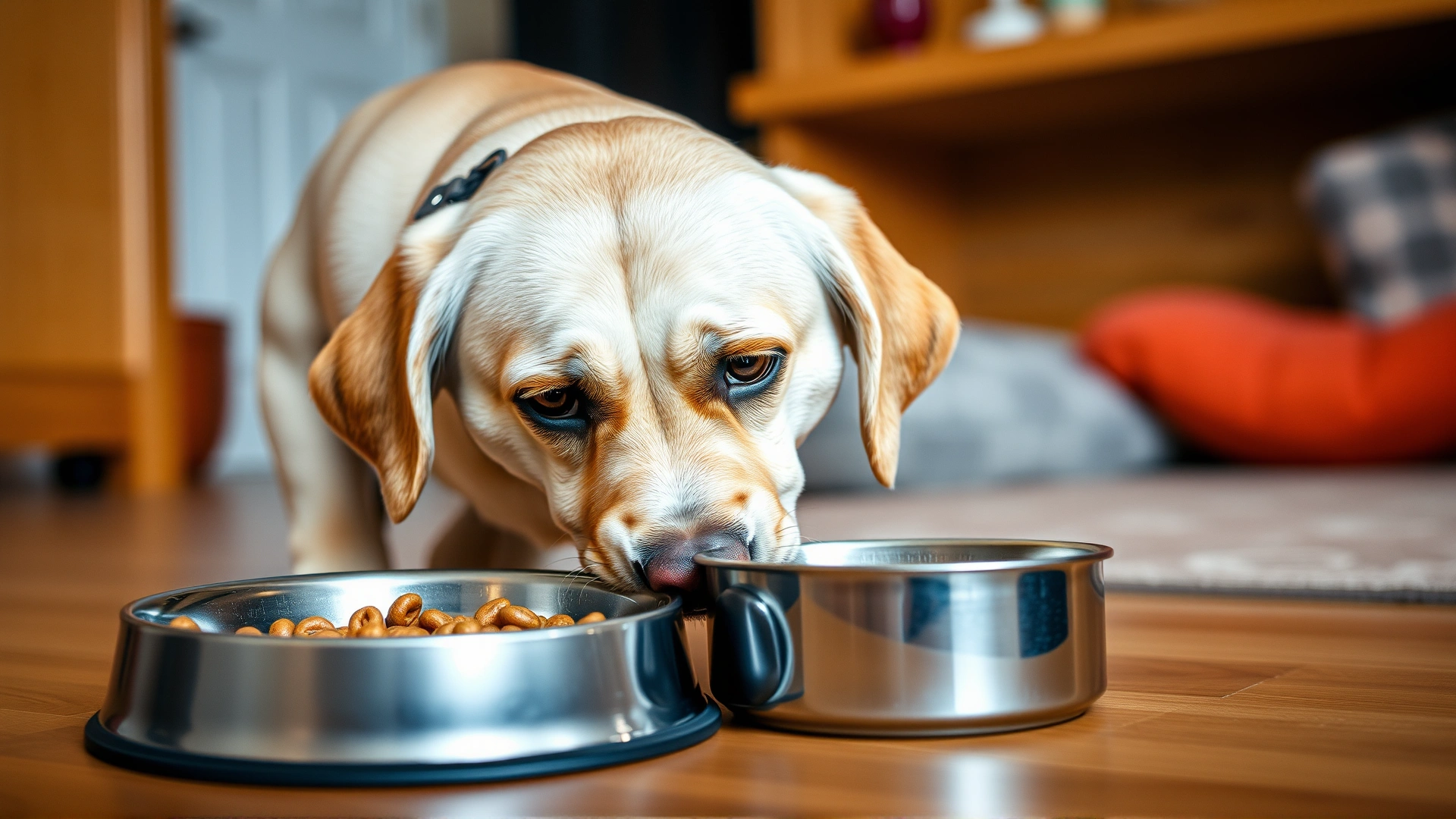 A Labrador retriever sniffing but refusing its food in a stainless steel bowl, capturing a worried expression in an indoor home environment.