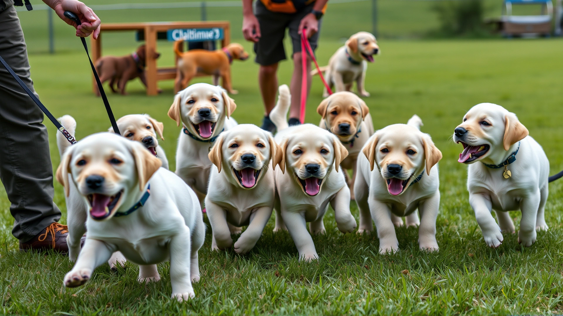 Group of energetic Labrador Retriever puppies playing with trainers in a grassy training facility.