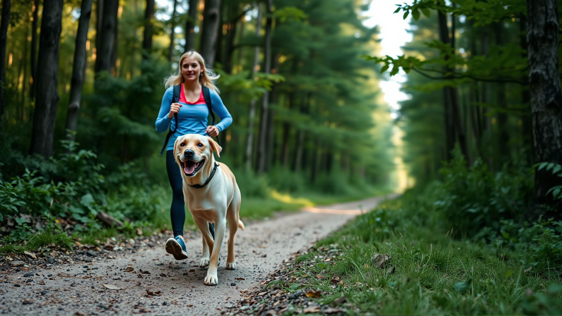 A smiling Labrador Retriever accompanying a jogger on a forest trail