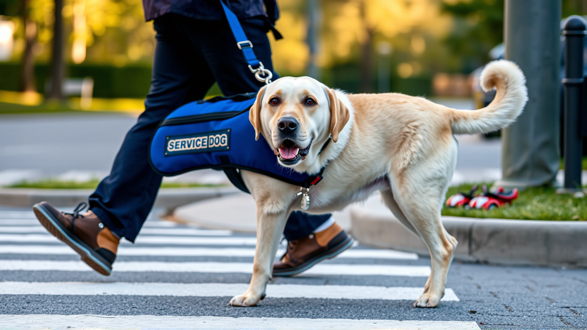 Labrador Retriever wearing a blue service dog vest guiding a visually impaired person across a crosswalk.