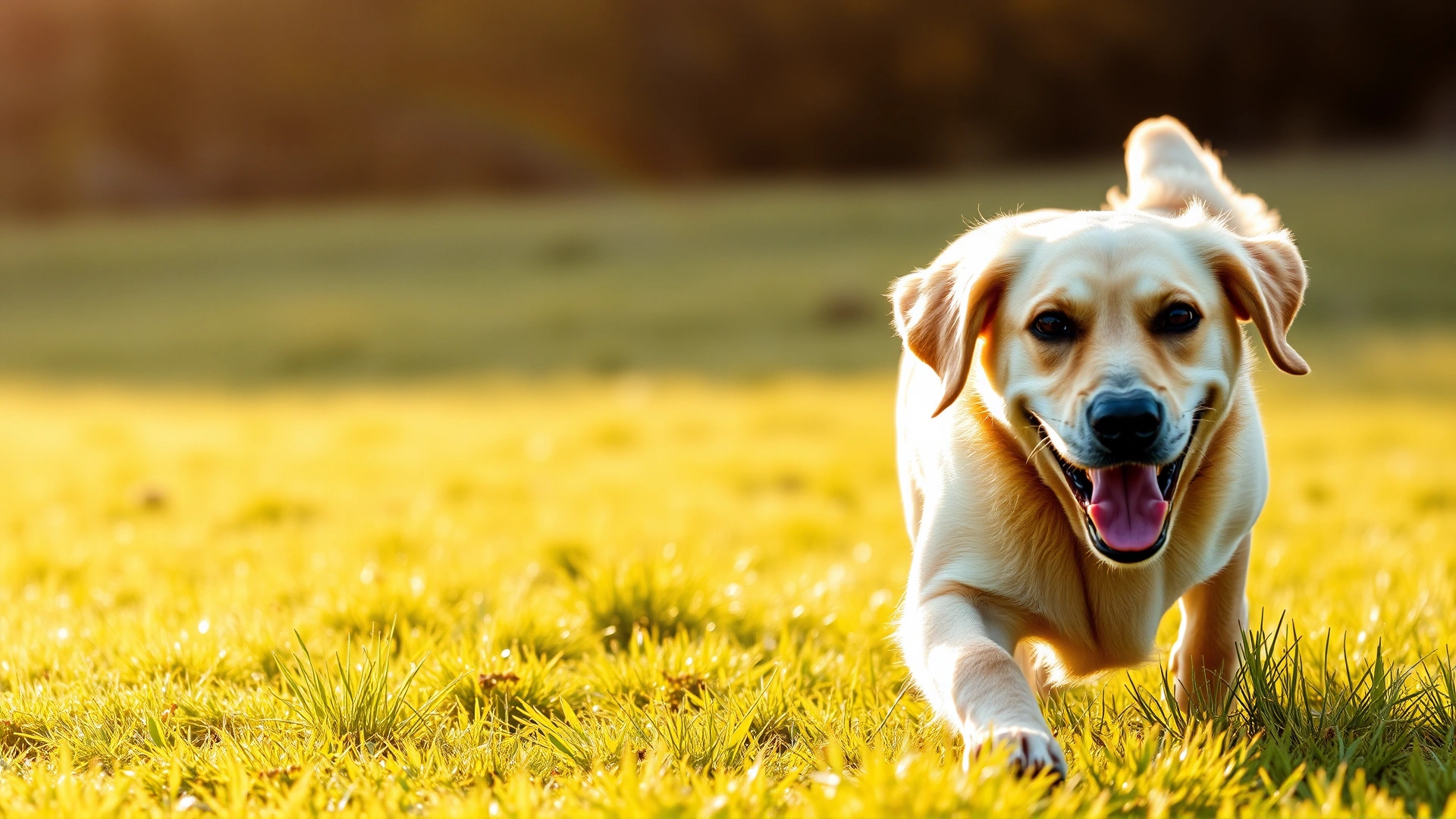 Friendly Labrador Retriever running on a grassy field with a big smile, golden sunlight