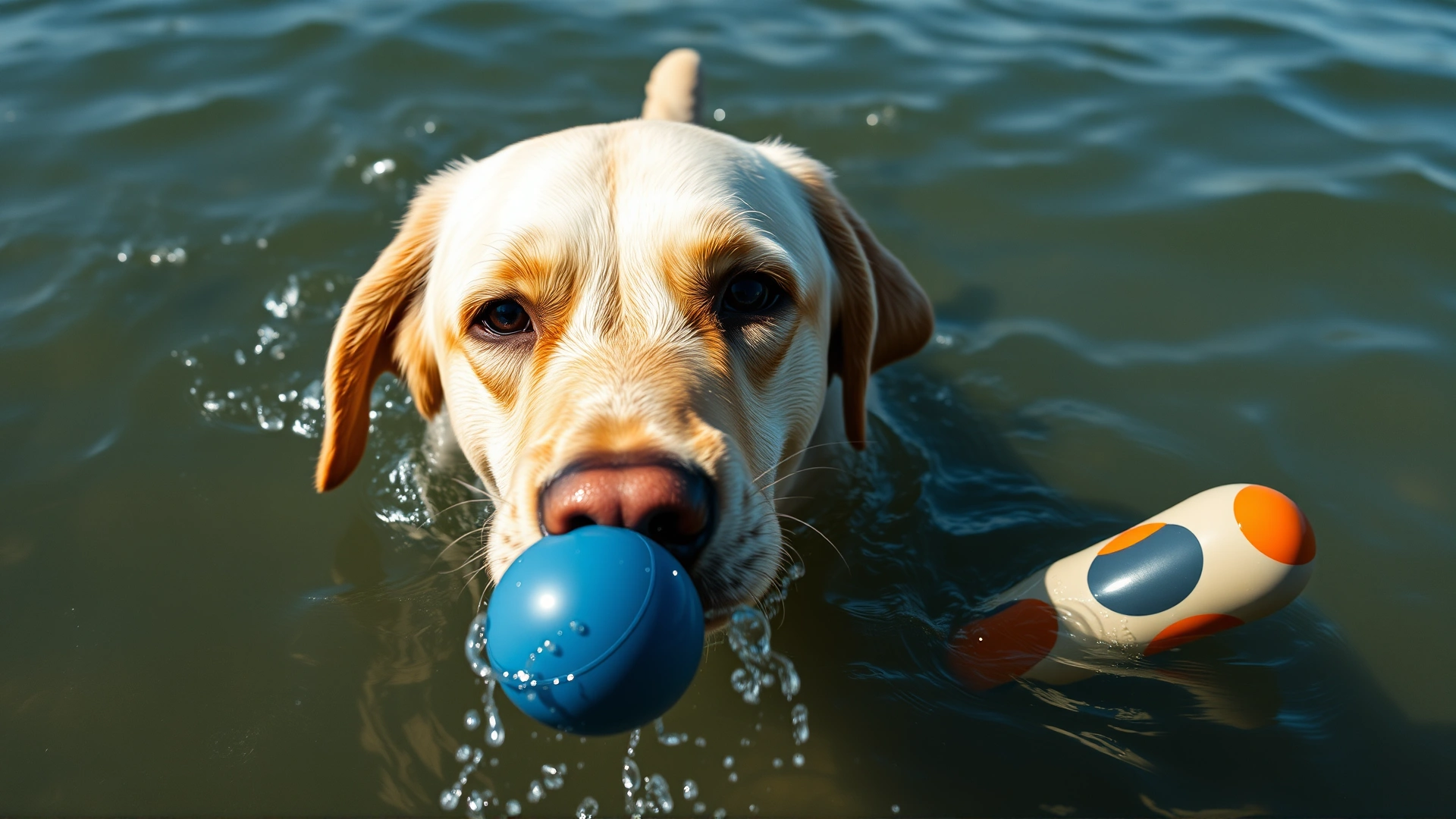 Close-up of a wet Labrador Retriever fetching a floating toy in the water, captured from a low angle.