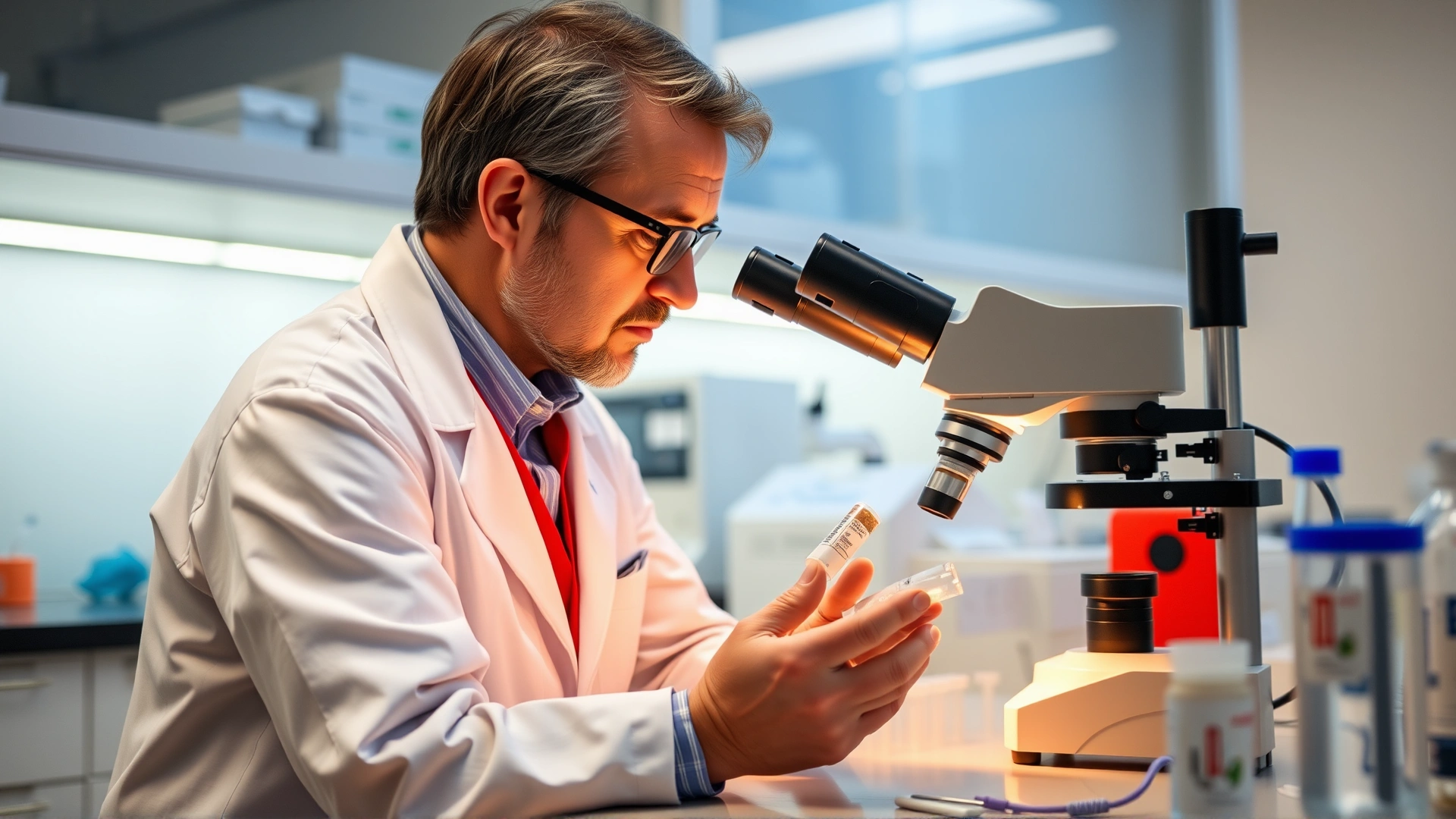 Veterinarian in white coat observing a fecal sample under a microscope in a modern veterinary laboratory, equipment and test tubes visible in background.